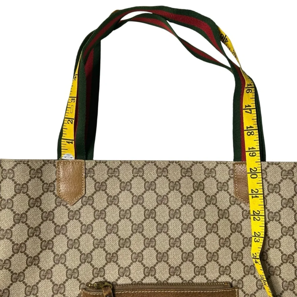 GUCCI Vintage GG Supreme Web Tote Bag Monogram Canvas Brown Leather Italy - Picture 15 of 16
